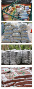 bagged landscape materials, stone, mulch and soil