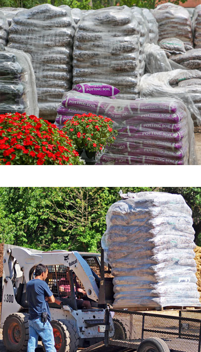 bagged landscape materials, stone, mulch and soil
